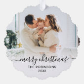 モダン白黒スクリプト2家族の写真クリスマス オーナメントカード (裏面)