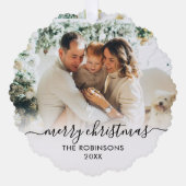 モダン白黒スクリプト2家族の写真クリスマス オーナメントカード (正面)