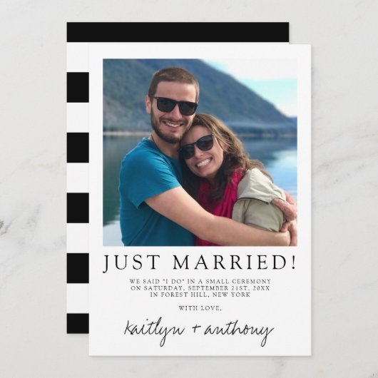 モダン白黒スクリプミニマルト結婚の 案内状 (正面/裏面)