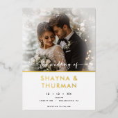 モダン白黒スクリプミニマルト結婚写真 箔招待状 (正面)