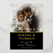モダン白黒スクリプミニマルト結婚写真 箔招待状 (正面)