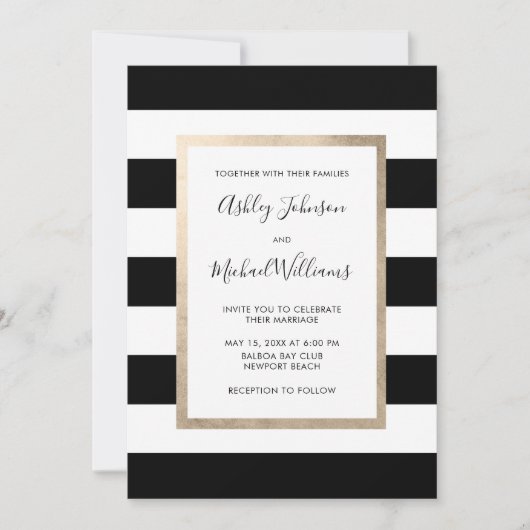 モダン白黒スストライプクリプトバラ金ゴールド写真 招待状 (正面)