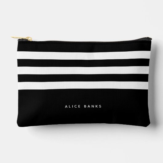 モダン白黒ストライプと名はっきりした前 アクセサリーポーチ (正面)