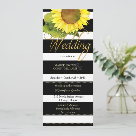 モダン白黒ストライプスンフラワー結婚ズ 招待状 (スタンド正面)