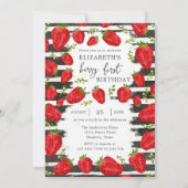 モダン白黒ストライプズいちご1st誕生日 招待状 (裏面)