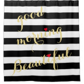 モダン白黒ストライプズグッドモーニングビューティフル シャワーカーテン (正面)