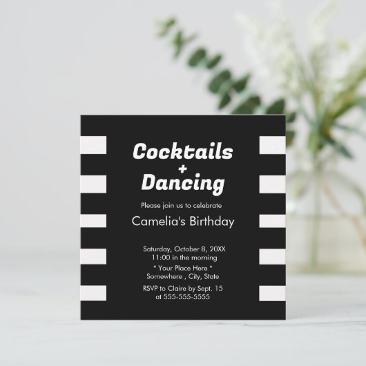 モダン白黒ストライプタイポグラフィ誕生日 招待状 (スタンド正面)