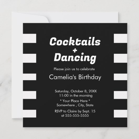モダン白黒ストライプタイポグラフィ誕生日 招待状 (正面)
