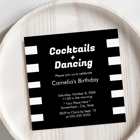 モダン白黒ストライプタイポグラフィ誕生日 招待状