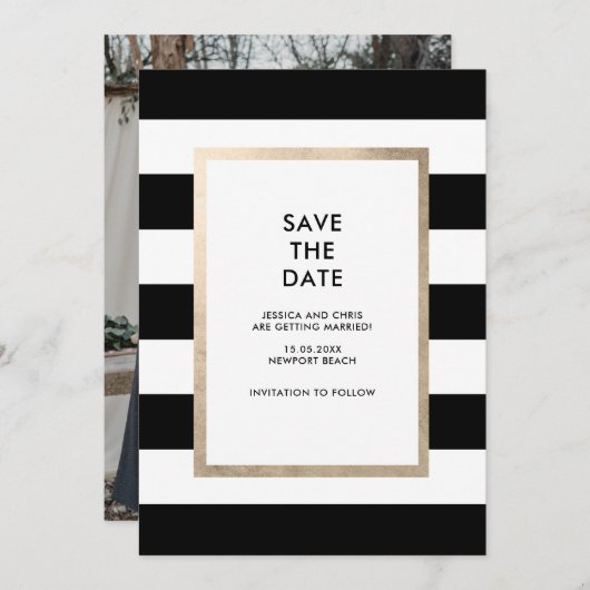 モダン白黒ストライプバラゴールドフォイルフォト 招待状 (正面/裏面)