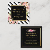 モダン白黒ストライプピンクフローラ金ゴールドフレーム スクエア名刺 (正面/裏面)