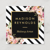 モダン白黒ストライプピンクフローラ金ゴールドフレーム スクエア名刺 (正面)