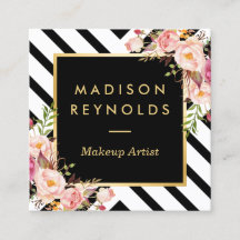 モダン白黒ストライプピンクフローラ金ゴールドフレーム