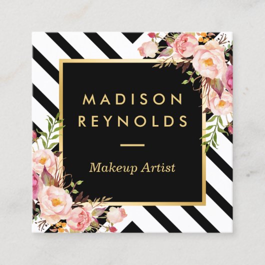 モダン白黒ストライプピンクフローラ金ゴールドフレーム スクエア名刺 (正面)