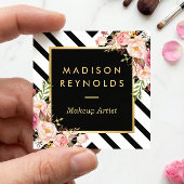 モダン白黒ストライプピンクフローラ金ゴールドフレーム スクエア名刺