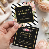 モダン白黒ストライプピンクフローラ金ゴールドフレーム スクエア名刺