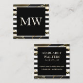 モダン白黒ストライプモノグラム |ゴールデンポリ スクエア名刺 (正面/裏面)