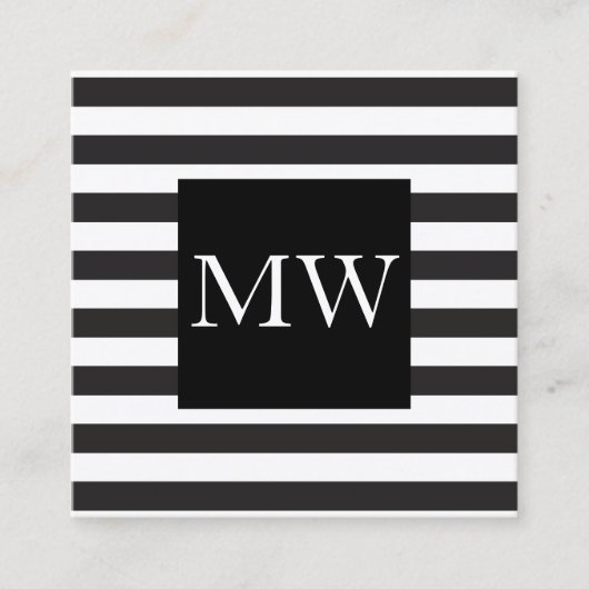 モダン白黒ストライプモノグラム スクエア名刺 (正面)