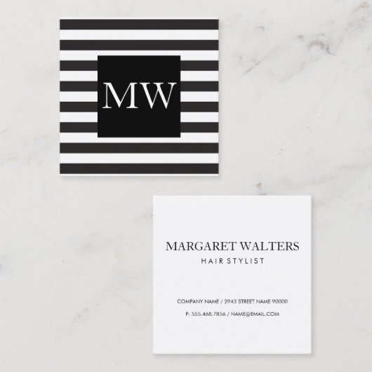 モダン白黒ストライプモノグラム スクエア名刺 (正面/裏面)