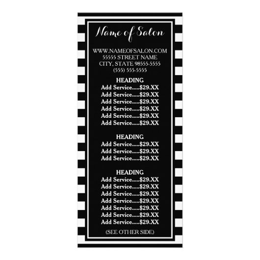 モダン白黒ストライプ美しいサロン価格表 ラックカード (正面)