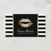 モダン白黒ストライプ金ゴールドリップメイクアップアーティスト 名刺 (正面)