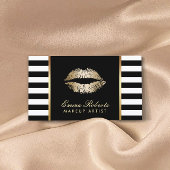 モダン白黒ストライプ金ゴールドリップメイクアップアーティスト 名刺