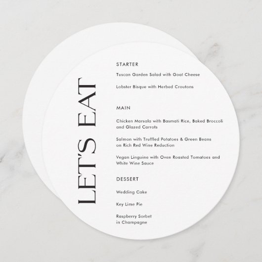 モダン白黒タイポグラフィレッツ食べの結婚 メニュー (正面/裏面)