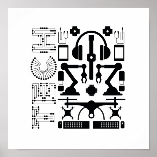 モダン白黒テクノロジオブジェクトのパターン ポスター (正面)