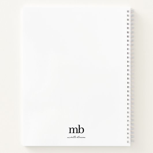 モダン白黒トレンディースクリプトイニシャルモノグラム ノートブック (裏面)