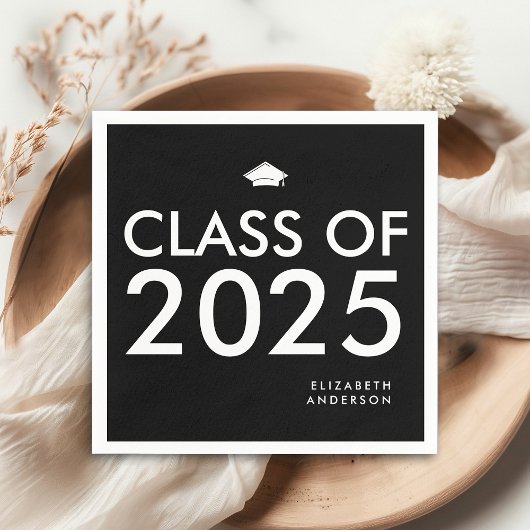 モダン白黒パーソナライズされた卒業党 スタンダードカクテルナプキン