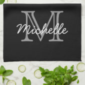 モダン白黒パーソナライズされた名モノグラムの キッチンタオル (折り畳み)