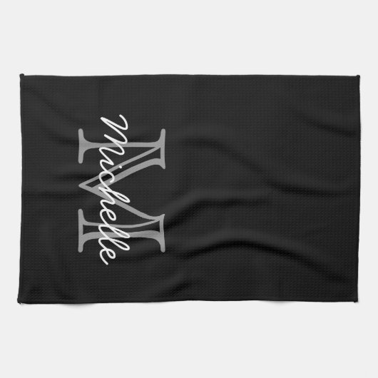 モダン白黒パーソナライズされた名モノグラムの キッチンタオル (横)