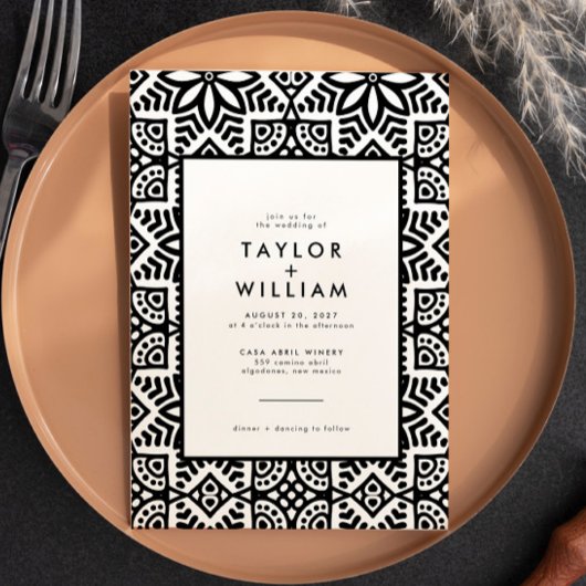 モダン白黒フォーク結婚フローラ 招待状