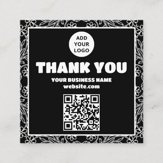 モダン白黒フローラのQRコードの順序感謝してい自 スクエア名刺 (正面)