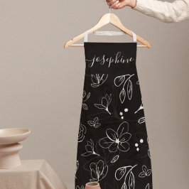 モダン白黒フローララインアーパーソナライズされた エプロン