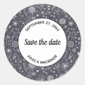 モダン白黒フローラ日付の保結婚存 ラウンドシール (正面)
