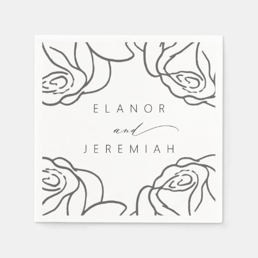 モダン白黒フローラ書結婚の スタンダードカクテルナプキン (正面)