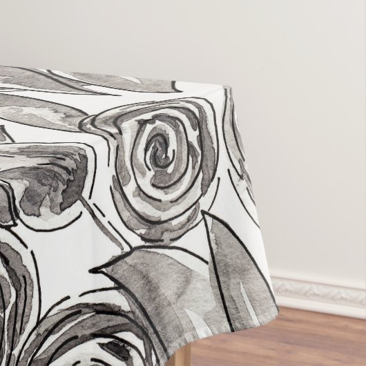 モダン白黒フローラ水彩模様 テーブルクロス (インサイチュ)