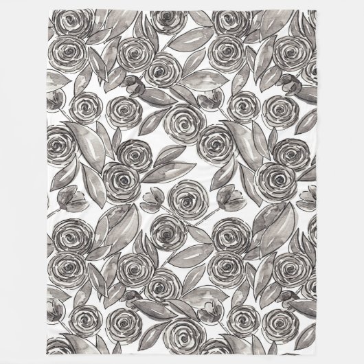 モダン白黒フローラ水彩模様 フリースブランケット (正面)