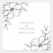 モダン白黒フローラ線スケッチ結婚の スクエアシール (正面)