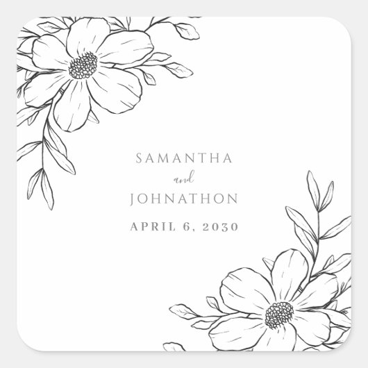 モダン白黒フローラ線スケッチ結婚の スクエアシール (正面)