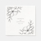 モダン白黒フローラ線スケッチ結婚の スタンダードカクテルナプキン (正面)