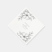 モダン白黒フローラ線スケッチ結婚の スタンダードカクテルナプキン (角)
