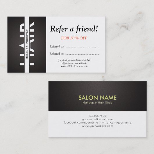 モダン白黒ヘアメイクRefer a Friend Card 紹介カード (正面/裏面)