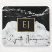 モダン白黒マーブル金ゴールドイニシャルモノグラムの マウスパッド (正面)
