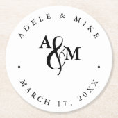 モダン白黒モノグラム結婚ズ ラウンドペーパーコースター (正面)