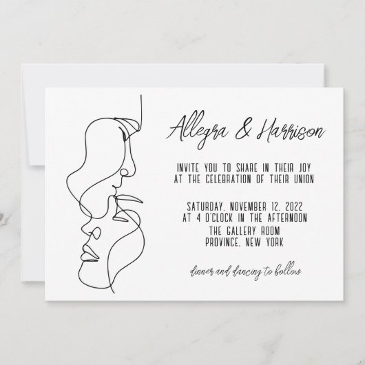 モダン白黒ラインアートタイポグラフィ結婚ズ 招待状 (正面)