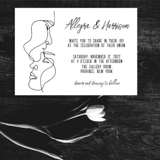 モダン白黒ラインアートタイポグラフィ結婚ズ 招待状