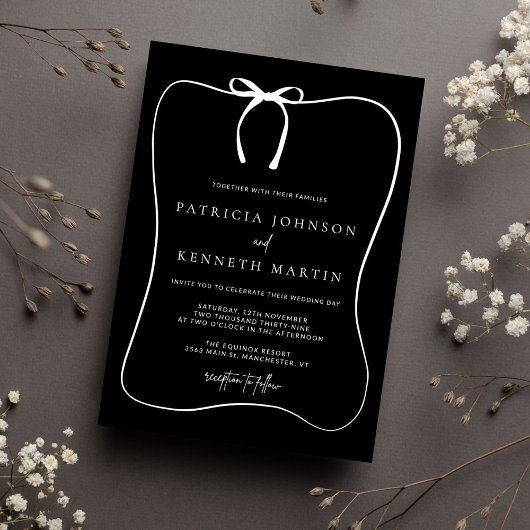 モダン白黒ラインアートボウフレーム結婚ズ 招待状