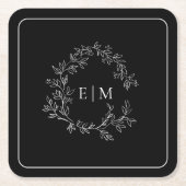 モダン白黒リーピークレストモノグラム結婚ズ スクエアペーパーコースター (正面)
